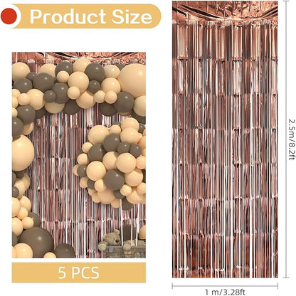 5 Pack Brown Fringe Backdrop 3.2ft x 8.2ft Silver Foil Fringe Curtains Party Tinsel Curtain Backdrop Streamers for Birthday Party Decoration Wedding Christmas Decoration (Brown)