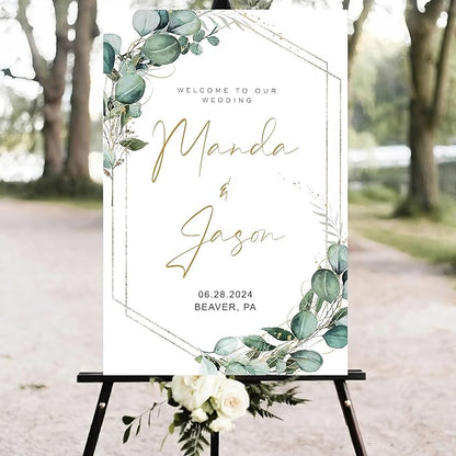 Generic Greenery Wedding Welcome Sign, 18x27 inches, Plastic, Modern Geometric