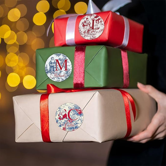 30pcs Personalized Christmas Stickers with Name, Custom Toile De Jouy Style Santa Claus Waterproof Christmas Gift Tags for Gift Box Holiday Decorations, Stockings, Party Favors