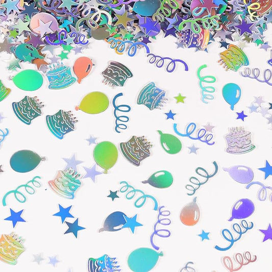 VHUWE Happy Birthday Confetti, 1.6 oz Laser Silver Cake Balloon Star Goblet Bottle Swirl Glitter Confetti for Boys Girls Kids Women Men Happy Birthday Party Table Decorations Supplies
