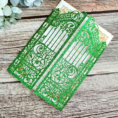 MillaSaw Glitter Green Gate Invitation Sleeve, Laser Cut Catle Invitation For Quinceanera Ball Wedding Bridal Shower Valentine Birthday Christmas 25 Sets (green glitter, 4.9"x7.1")