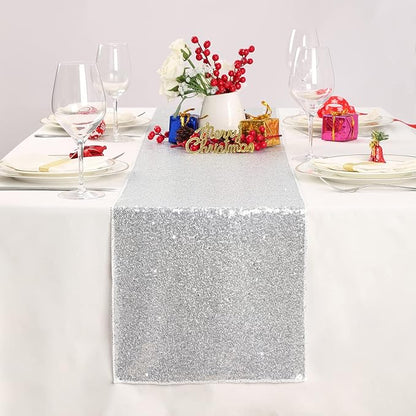 Silver Table Runner 10 Packs 12x72 Inch Sequin Glitter Table Runner for Rectangle Tables for Birthday Banquet Wedding Baby Shower Party Decorations