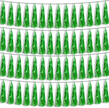 4P Green Foil Fringe Metallic Streamers Banner Tassel Garland for Parade Floats, Bachelorette, Wedding, Birthday, Halloween, Christmas, Bridal/Baby Shower Party Decorations