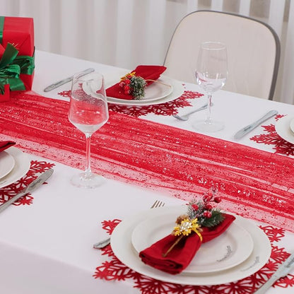 Snowkingdom Red Christmas Table Runner 10 FT, Glitter Metallic Foil Sheer Tulle Cheesecloth Gauze Runner 120 Inch, Red Table Centerpieces Decoration for Wedding Birthday Party Holiday
