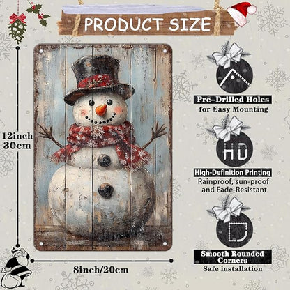 Vintage Christmas Metal Tin Sign Snowman Retro Wall Decor Christmas Tin Sign for Winter Outdoor 8x12Inch