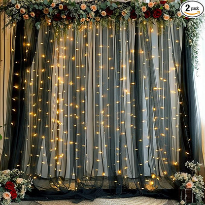Black Backdrop Curtains with Lights String for Parties Wedding Bridal Shower 10×10ft Sheer Tulle Backdrop Curtain Panels for Baby Shower Birthday Party Photo Shoot Background Wall Decorations
