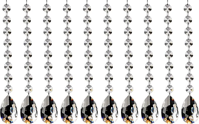 Fushing 10Pcs 1ft Teardrop Crystal Strands, Hanging Beads Chain Garland, Chandelier Pendants Parts Glass Beads (50mm, Clear)