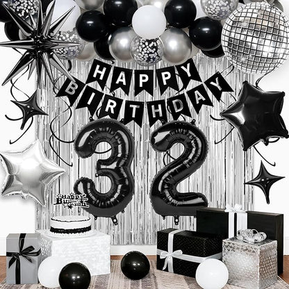 32nd Birthday Decorations for Men Women, Black Silver Happy Birthday Party Decorations， 32 Year Old Party Supplies with Number 32 Balloons, Banner, Fringe Curtains Kit