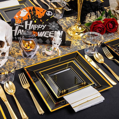 Festiva 350Pcs Black and Gold Plastic Plates-50Guests Disposable Square Black Dinnerware Set include 100 Plastic Plates,50Cups,150Plastic Cutlery,50Napkins for Halloween Party &Wedding&New Year