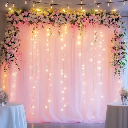 Fomcet Pink Tulle Backdrop Curtains with Lights String 10FT X 10FT Sheer Curtain with Lights Tulle Curtains Backdrop for Wedding Birthday Party Photo Shoot (2 Panels 5x10FT)