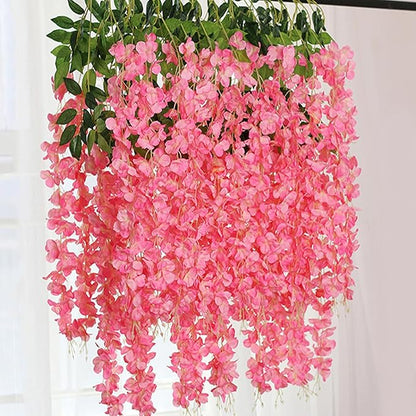 12 Pack Dark Pink Wisteria Hanging Flowers Garland, 3.77 Feet Artificial Flower Vines, Fake Wisteria, Artificial Vines Hanging Garland for Backdrop Outdoor Yard Garden Decor