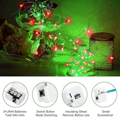 btfarm 12 Pack Fairy Lights Battery Operated [3 Modes], 7ft 20 Led Twinkle Lights String Lights Waterproof Bulk Small Mini Silver Wire for Christmas Mason Jars Wedding Table Centerpiece, Red Green