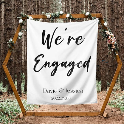 We're Engaged Backdrop, Custom Tapestry with Names and Date, Personalized Calligraphy Wedding Banner for Ceremony, Engagement Backdrop, Rustic Wedding Sign, Reception Backdrop, Engagement Party Decor