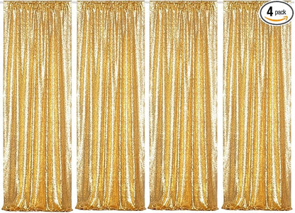 Poise3EHome Gold Sequin Backdrop Curtains,4 Panels 2FTx8FT Glitter Background for Party Birthday Party Baby Shower Wedding Christmas Thanksgiving Halloween Holiday Festival Decor