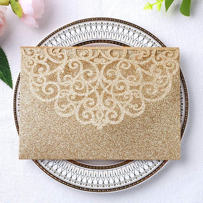 ponatia 5.12 x 7.2 Laser Cut Invitation Pocket, 20PCS Tri-Fold 5 x 7 Laser Cut Wedding Invitation Pockets with Envelopes for Wedding Bbay Shower Birthday Invite (Gold Glitter, No Inner Sheet)