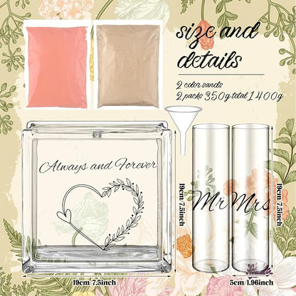 Wedding Unity Sand Set Include Vases Square Glass Jar Container 12 oz Sand for Blended Family Engagement Anniversary Bridal Party Outdoor Beach Decor(Light Colors,Heart)