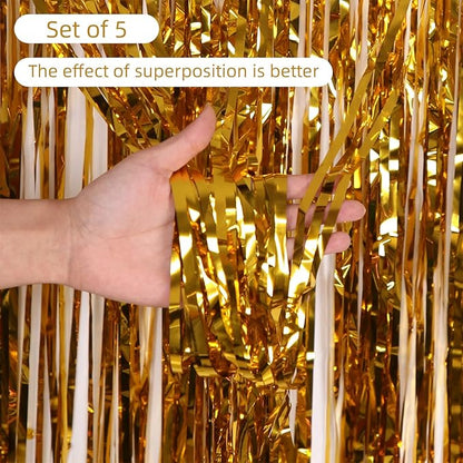 5 Pack Gold Foil Curtain Backdrop 3.2ft x 9.8ft Metallic Tinsel Foil Fringe Curtains Streamer Photo Booth Backdrop for Birthday Party Engagement Bachelorette Party Decorations (Gold)