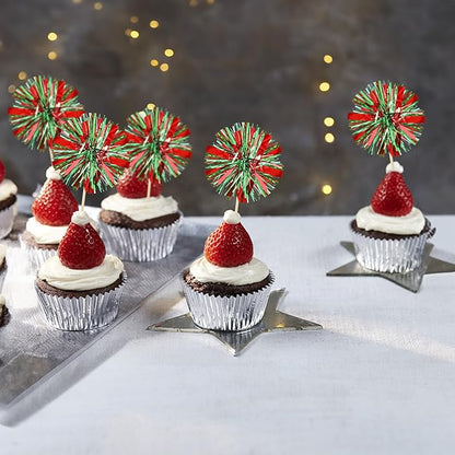 Ephlyn 30Pcs Foil Firework Cupcake Toppers Sparkle Tinsel Drink Birthday Cake Decorations Cocktail Food Fruit Toothpick for New Years Wedding Birthday Party Decorations Red Green
