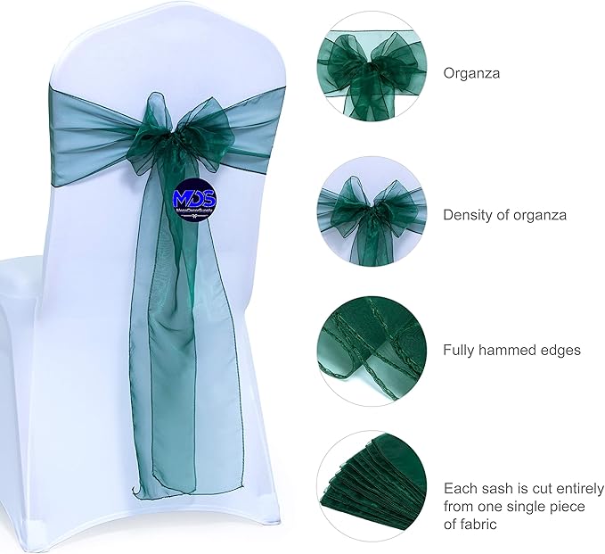 MDS Pack of 25 PCS Organza Chair Sashes Wider Dining Chair Bows Ribbon Tie Back for Wedding Party Birthday Bridal Shower Reception Event Banquet Home Chair Cover Decoration - Hunter Green