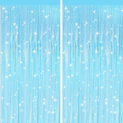 GCB 2Pack Macaron Blue Metallic Tinsel Foil Fringe Curtains, Pastel Blue Door Streamers Photo Booth Backdrop for Birthday Party, Tinsel Curtain Backdrop for Baby Shower Bachelorette Party Decorations