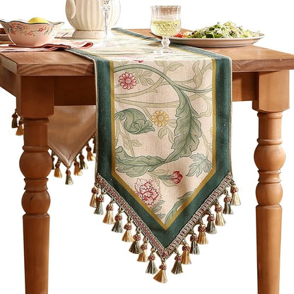 patdrea Designer Green Floral Table Runner,French Elegant Vibrant Rustic Linen with Green Leaves Patterns Fabric Table Mat,Decoration for Kitchen Dining Room Banquet Christmas,18"*87"