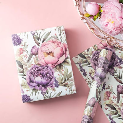 WRAPAHOLIC Floral Wrapping Paper Roll - Mini Roll - 17 Inch x 33 Feet - Purple Flower Wrapping Paper, Perfect for Girls Women Birthday, Wedding, Bridal Shower