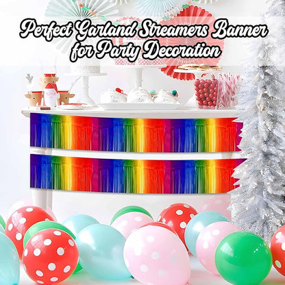 4 Pack 10 Ft Dark Rainbow Foil Fringe Garland Metallic Streamers Tinsel Banner Wall Hanging Garland Backdrop for Parade Floats, Halloween, Christmas, Thanksgiving, New Year Party Decorations