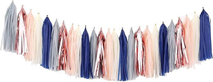 Fonder Mols Tissue Paper Tassel Garland DIY Kit Tassels Banner Decorations for Baby Boy Shower Nursery Decor (Pack of 25pcs, Navy Gray Beige Rose Gold Champagne) A30