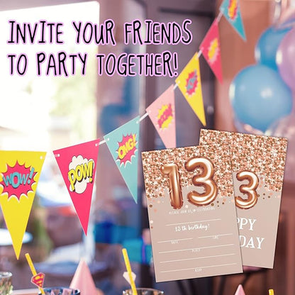 13th Birthday Invitation Cards, Rose Gold Glitter 13th Birthday Party Invites, Kids Happy Birthday Party Decorations Supplies, 20 Fill-in Cards with Envelopes for Boys or Girls Party Celebration - C05