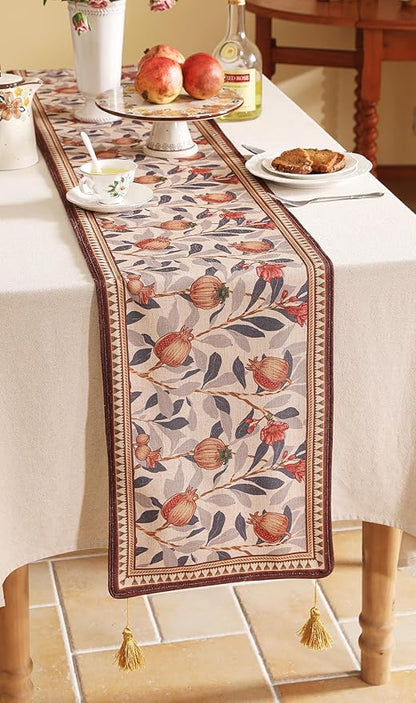 patdrea Designer Vintage SaddleBrown Extra Long Linen Table Runner 118 Inch Long,Pomegranates Pattern Table Mat, Decor for Kitchen Dining Coffee Table Shelf Cabinet Banquet Christmas ,12"*118"