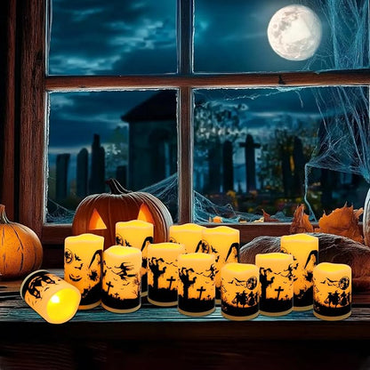 12-Pack Halloween LED Flameless Pillar Candles - Battery Operated with Remote & Timer, Flickering Warm Light, Witch/Bats/Castle Decals - Spooky Halloween Decor, Ghost Party Supplies, Gifts