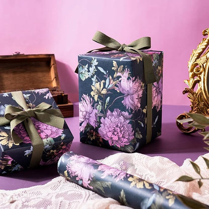 WRAPAHOLIC Kraft Floral Wrapping Paper Roll - Mini Roll - 17 Inch x 16.5 Feet - Vintage Flower Wrapping Paper Perfect for Wedding, Birthday, Bridal Shower, Tea Party