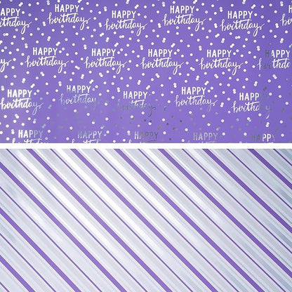 LeZakaa Purple Birthday Wrapping Paper Roll for Girls Women, Happy Birthday Lettering & Stripe Reversible, Metallic Foil, Large Roll, 30 inches x 32.8 Feet (92.9 sq.ft.)