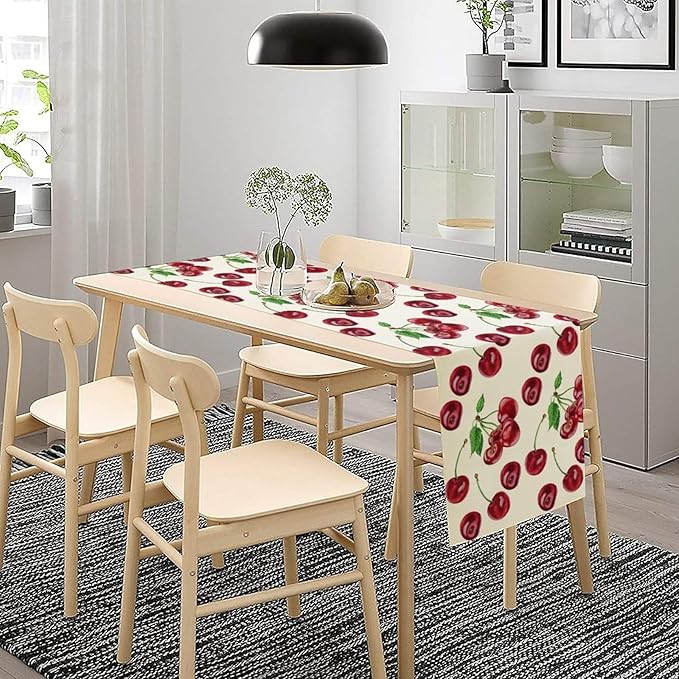 Red Cherry Table Runner Watercolor Tropical Fruit Spring Summer Wild Berry Dinner Runner for Girl Baby Shower Party Holiday Home Kitchen Dining Table Decor 13x108