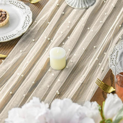 Artoid Mode Pearl Beige Gauze Table Runner 120 Inch 10FT, Seasonal Sheer Dining Holiday Wedding Birthday Baby Shower Table Decor for Home Party