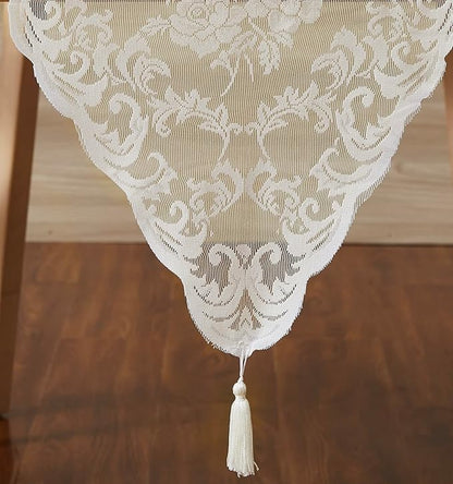 LinenZone Ivory Table Runner with 2 Tassels for Rustic Vintage Decor. Lace Table Runner Works Great As Wedding, Thanksgiving, Christmas Decor (Mia 14 x 36, Ivory)
