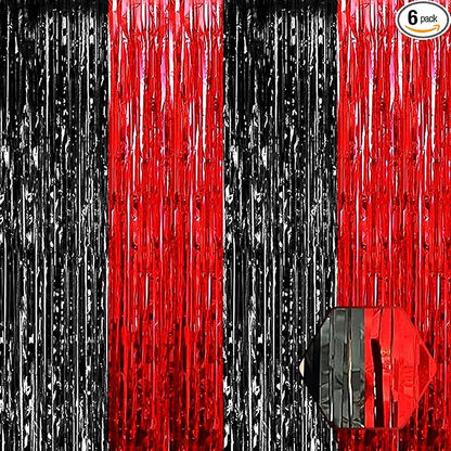 6 Pack Black Red Foil Fringe Curtain Backdrop, 3.28Ft x 8.2Ft Metallic Tinsel Foil Fringe Streamer Curtains for Photo Booth, Birthday, Wedding, New Year Party Decorations