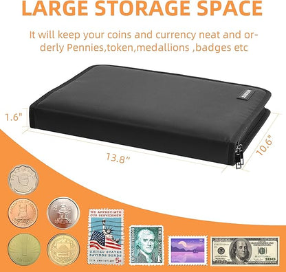 Fireproof Coin Collection Album for Collectors, 300 Pockets Coins Collecting Album & 36 Sleeves Money Storage Case for Coin Currency Collection Supplies, Bill, Pennies, Quarters, Stamp,F65C001B