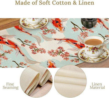 Japanese Kio Fish Table Runner Cherry Flower Art Printed Burlap Runner Home Kitchen Dining Table Living Room Decor Fabric 1 Panel W13xL60in