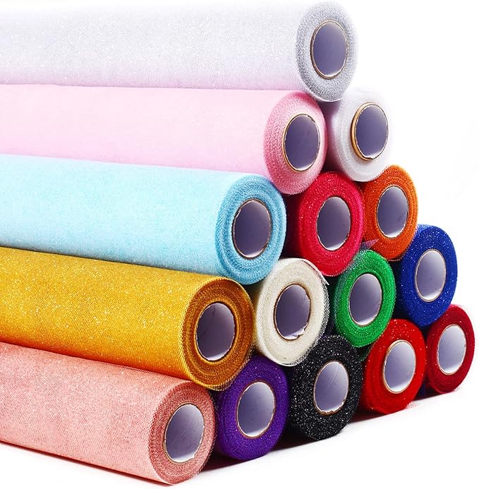 Sparkling Tulle Rolls, 15” by 30 Yards (90FT) Glitter Tulle Spool Ribbon Fabric for Wedding Birthday Bridal Shower Tutu Skirt Party Gift Wrapping (Light Blue)