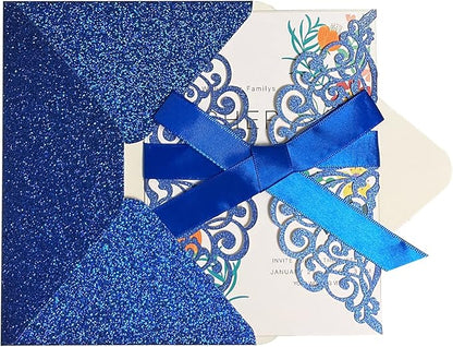 50Pcs Laser Cut Blue Wedding Invitation With Glitter Envelopes And Ribbons Blank Personalized Card Invitaciones Para quinceañera Birthday Baby Shower Christmas Party Bridal Shower