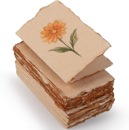 Wanderings Vintage Handmade Deckle Edge Folded Paper – Folded to 3.5"x2" – 150 GSM - 50-Pack – Textured Cotton Paper – Ideal for Place Cards, Blank Name Cards, Table Settings, Gift Tags, Love Notes