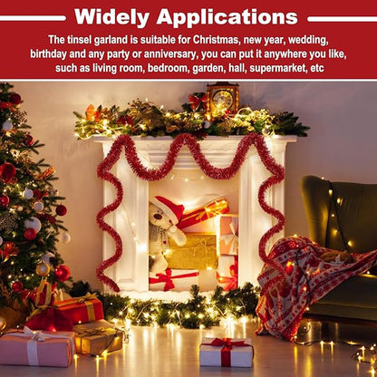 25 Feet Metallic Twist Tinsel Garland - Wall Hanging Backdrop for Parade Floats, Christmas Eve, New Year, Valentine's Day Parties (Red, 4in x 25ft)