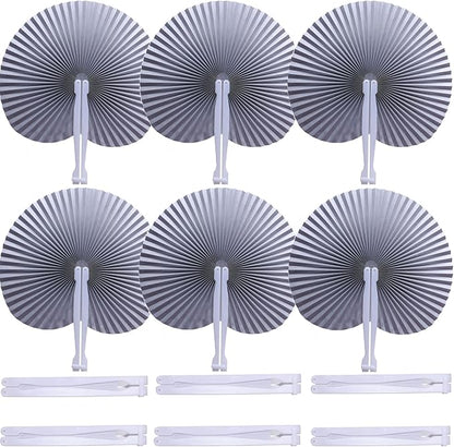 12 Packs Decorative Paper Folding Hand Fans Handheld,Silver Round Foldable Wedding Fans Chinese and Japanese Fans Bulk for Bridal Guest Church Party Favors Dancing Birthday DIY