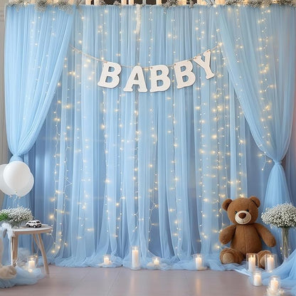 10×10ft Blue Tulle Backdrop Curtain with Lights String for Parties, Sheer Photo Curtain Backdrop Drapes for Wedding Party Photography Backgrounds