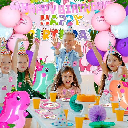 194 PCS Pink Dinosaur Party Decorations for Girls, Dinosaur Birthday Party Supplies Includes Dino Balloons, Backdrop, Happy Birthday Banner, Tablecloth, Plates, Napkins, Cake Toppers