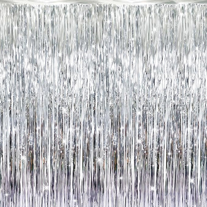 GOER 3.2 ft x 9.8 ft Metallic Tinsel Foil Fringe Curtains Party Photo Backdrop Party Streamers for Birthday,Graduation,New Year Eve Decorations Wedding Decor (Silver,1 Pack)