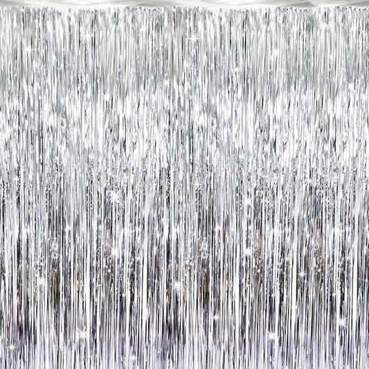 GOER 3.2 ft x 9.8 ft Metallic Tinsel Foil Fringe Curtains Party Photo Backdrop Party Streamers for Birthday,Graduation,New Year Eve Decorations Wedding Decor (Silver,1 Pack)