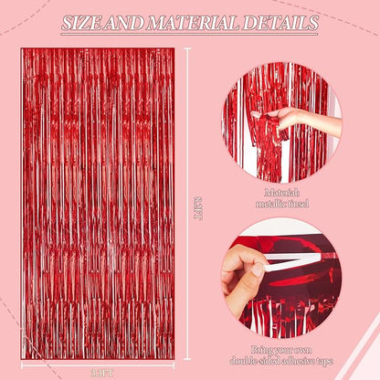 3 Pack Foil Fringe Backdrop - Red Shiny Tinsel Curtains for Party Decoration/Photo Booth Props - 3.3x8.2 FT Metallic Foil Backdrop for Birthday, Wedding, Graduation, Christmas.