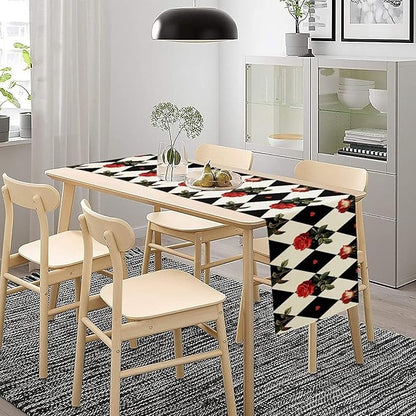 Vintage Rose Table Runner, Red Rose Hearts Black White Checkered Background Table Runner for Kitchen Dinning Table Runner Decor Home Wedding Party Holiday, 13x120 Inch